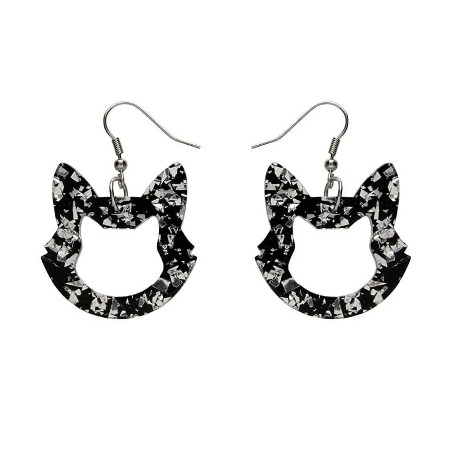 Cat Head Chunky Glitter Resin Drop Earrings - Silver^Erstwilder