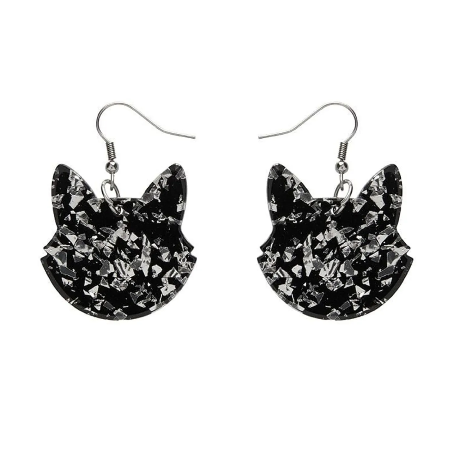 Solid Cat Head Chunky Glitter Resin Drop Earrings - Silver^Erstwilder New